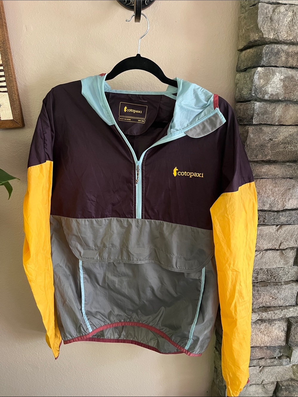 Cotopaxi women’s Colorblock windbreaker Jacket in Yellow, Gray & Dark Purple